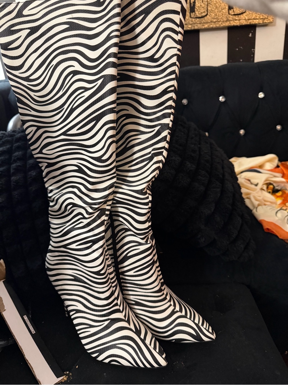 Zebra Print Stiletto Ankle Boots - Black & White - Picture 4 of 4